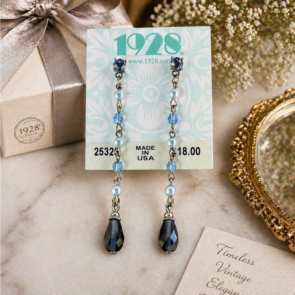 Vintage 1928 Drop Earrings NOS Blue Crystal Pearl Jet Teardrop USA New